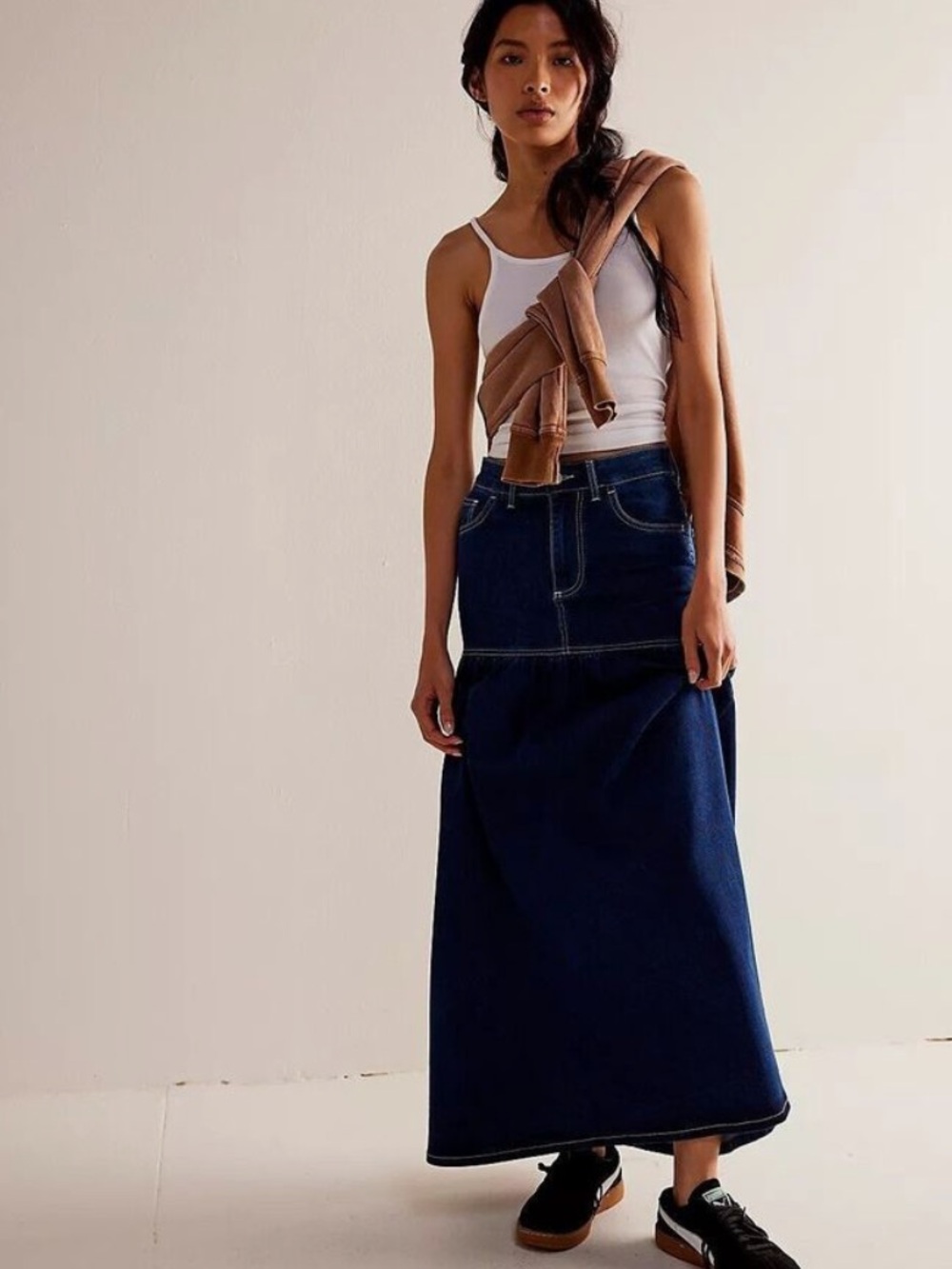 Free People Jordan Maxi Skirt Black Denim Drop Waist Nwot Size 6